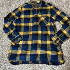 Eddie Bauer Shirt Womens Medium Blue Yellow Plaid Flannel Popover Chest Pocket